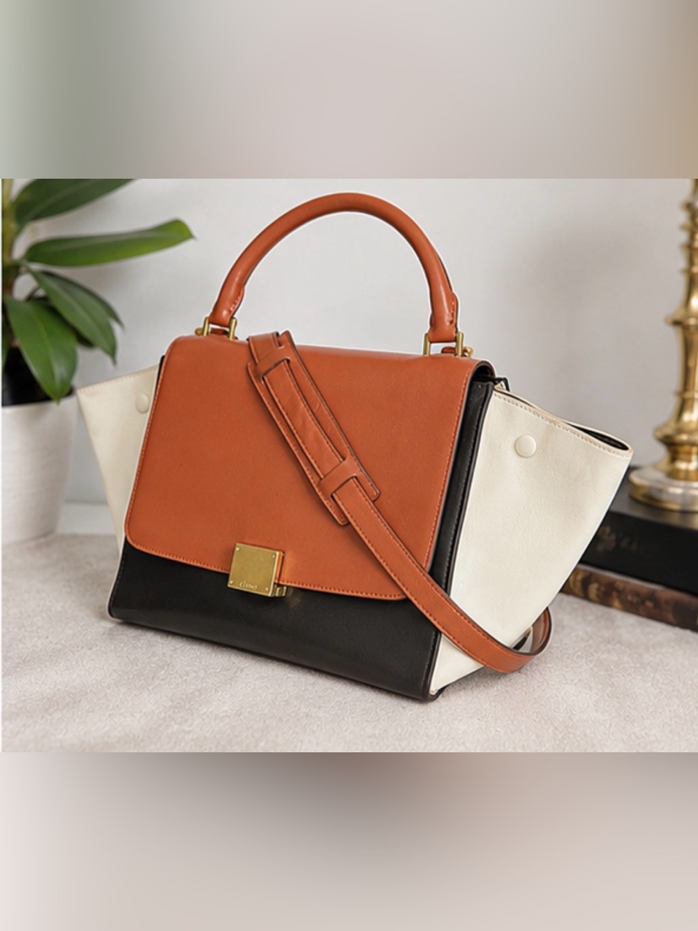 Celine Trapeze Crossbody Orange Black White Colorblock 2-way Top Handle Satchel - Picture 2 of 8